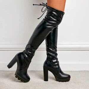 Womens Black Over-the-Knee Faux Leather Platform Chunky Heel Boots 39/8/8.5 NWOB